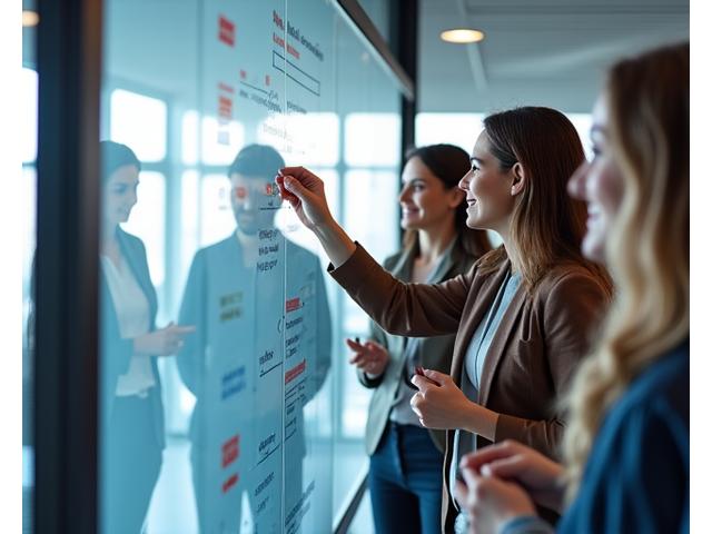 Equipo corporativo colaborando en una sala de juntas
