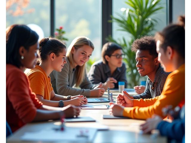 Estudiantes participando activamente en un aula moderna